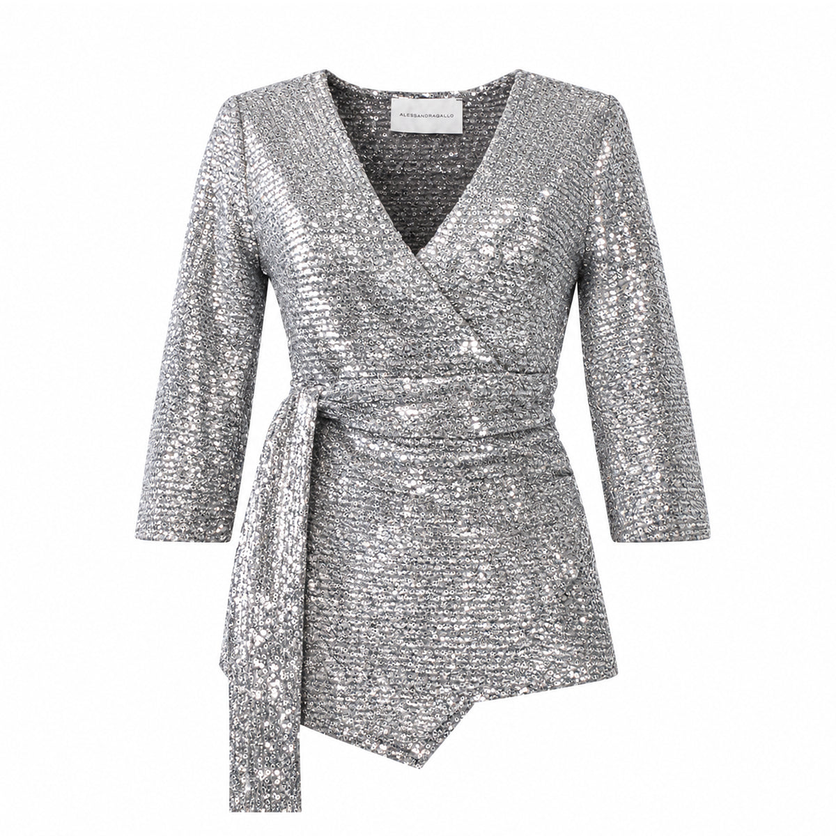 LEONORE, blusa a portafoglio in paillettes argento.