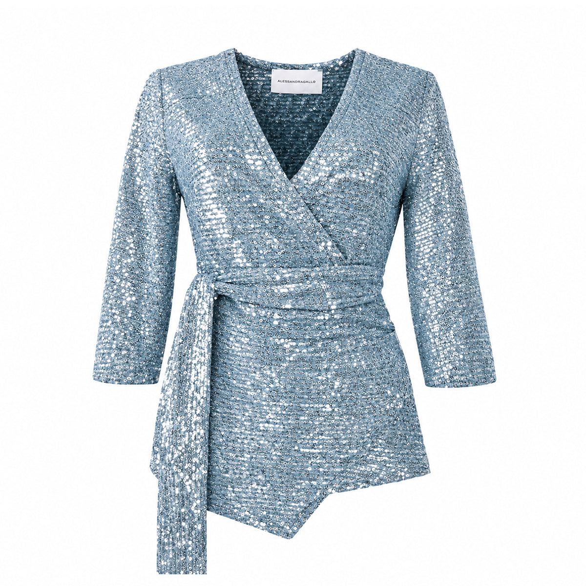 LEONORE, blusa a portafoglio in paillettes azzurre.