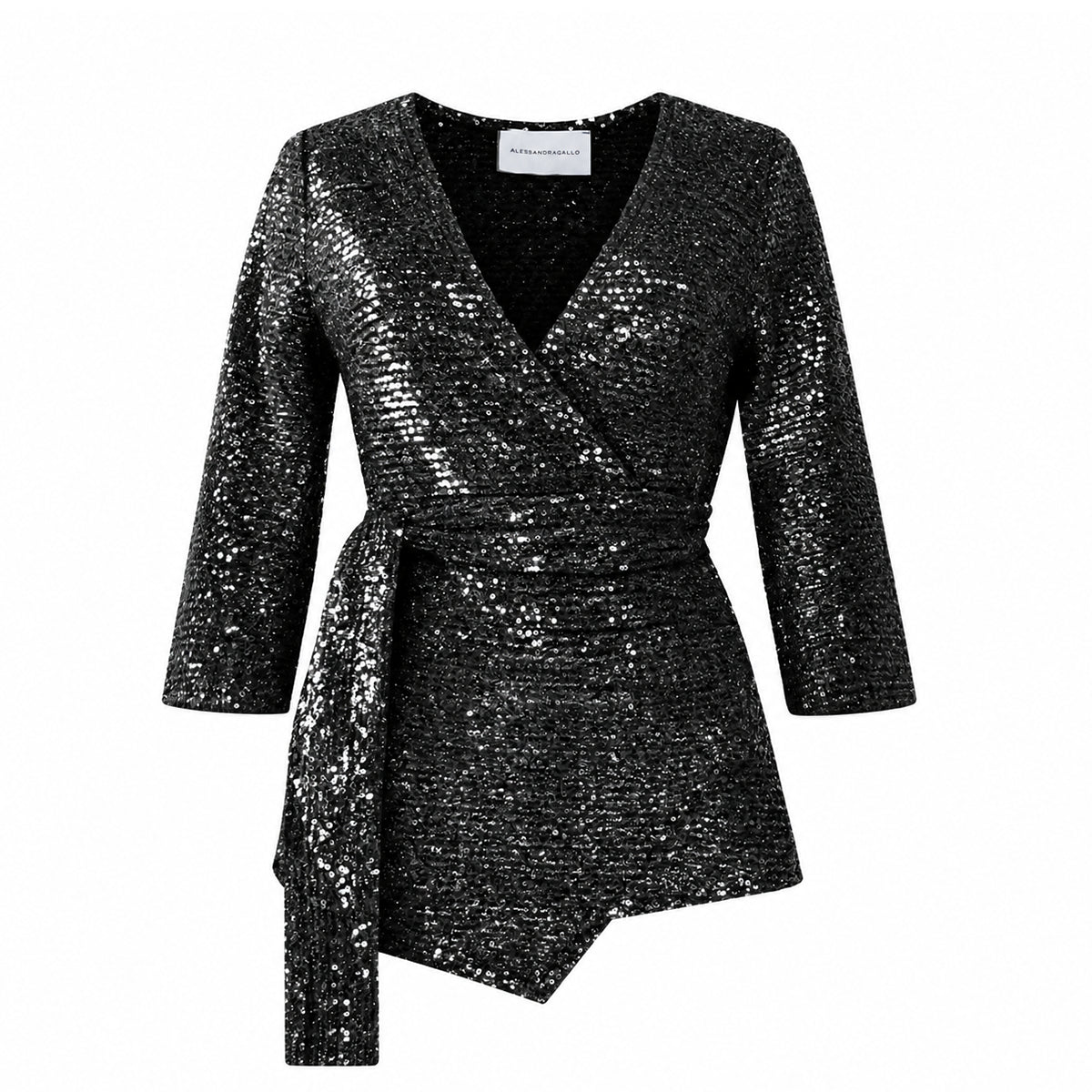 LEONORE, blusa a portafoglio in paillettes nere.