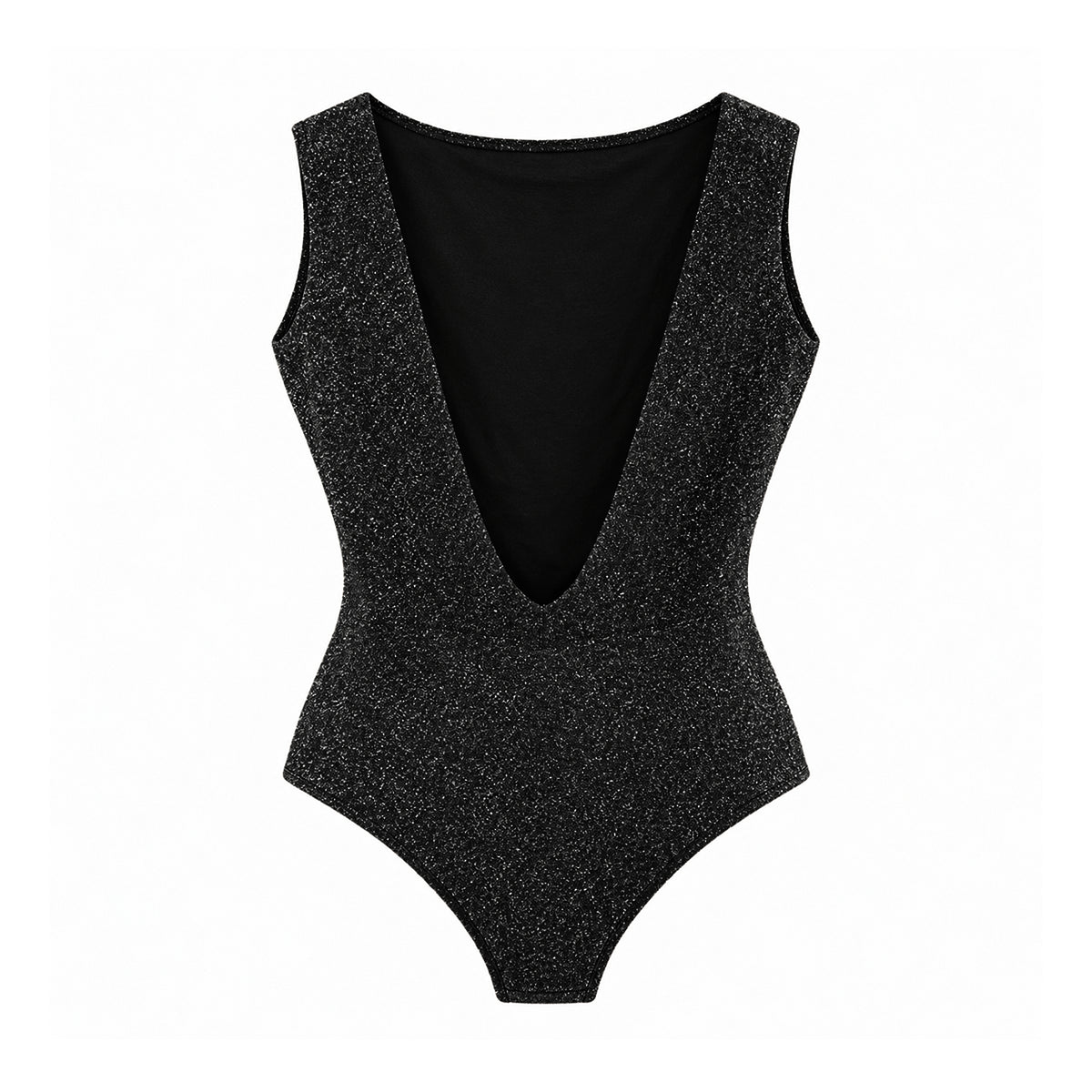 VILENIA - Black Lurex Bodysuit with Deep V Back