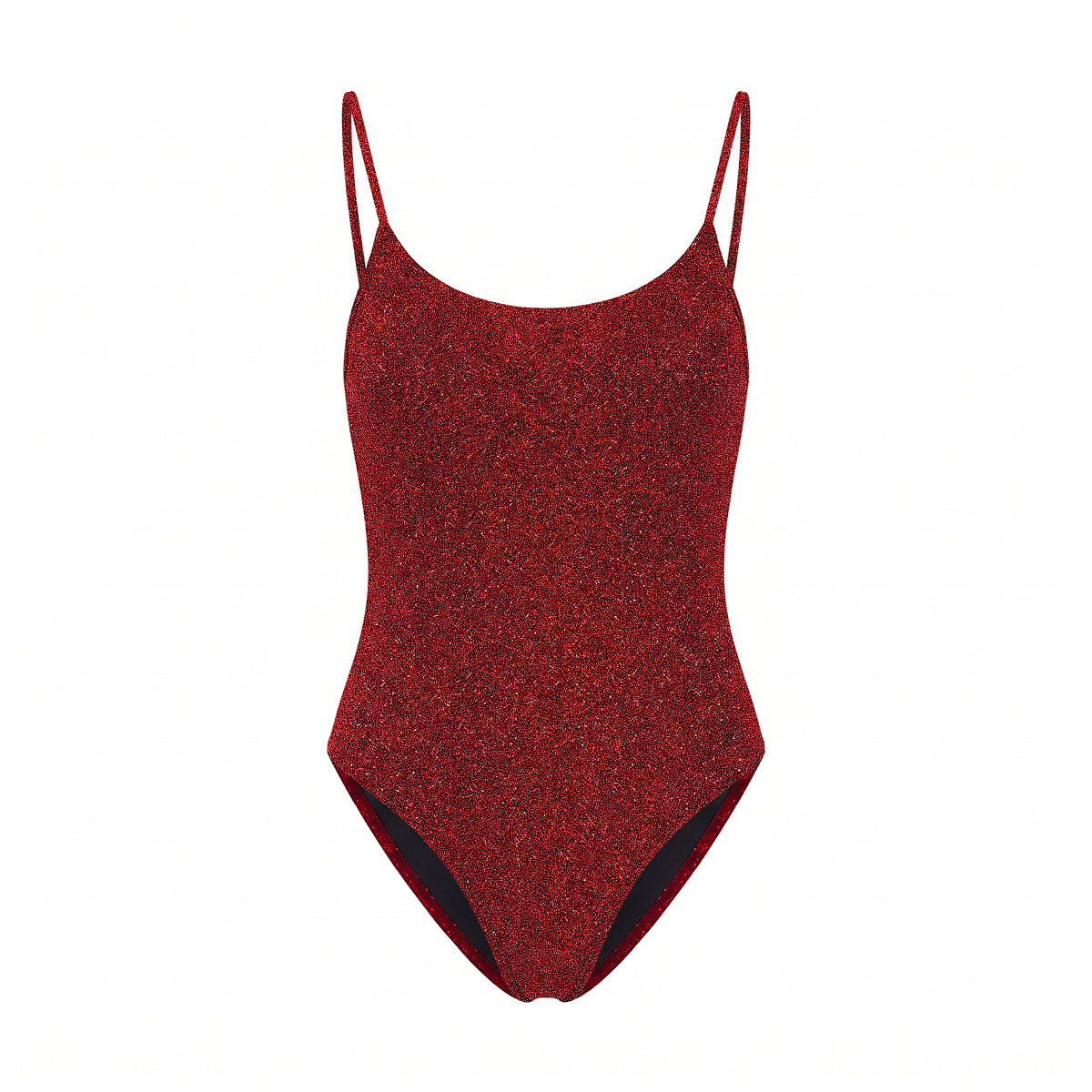ALEX, body in lurex rosso con scollo rotondo e spalline sottili.