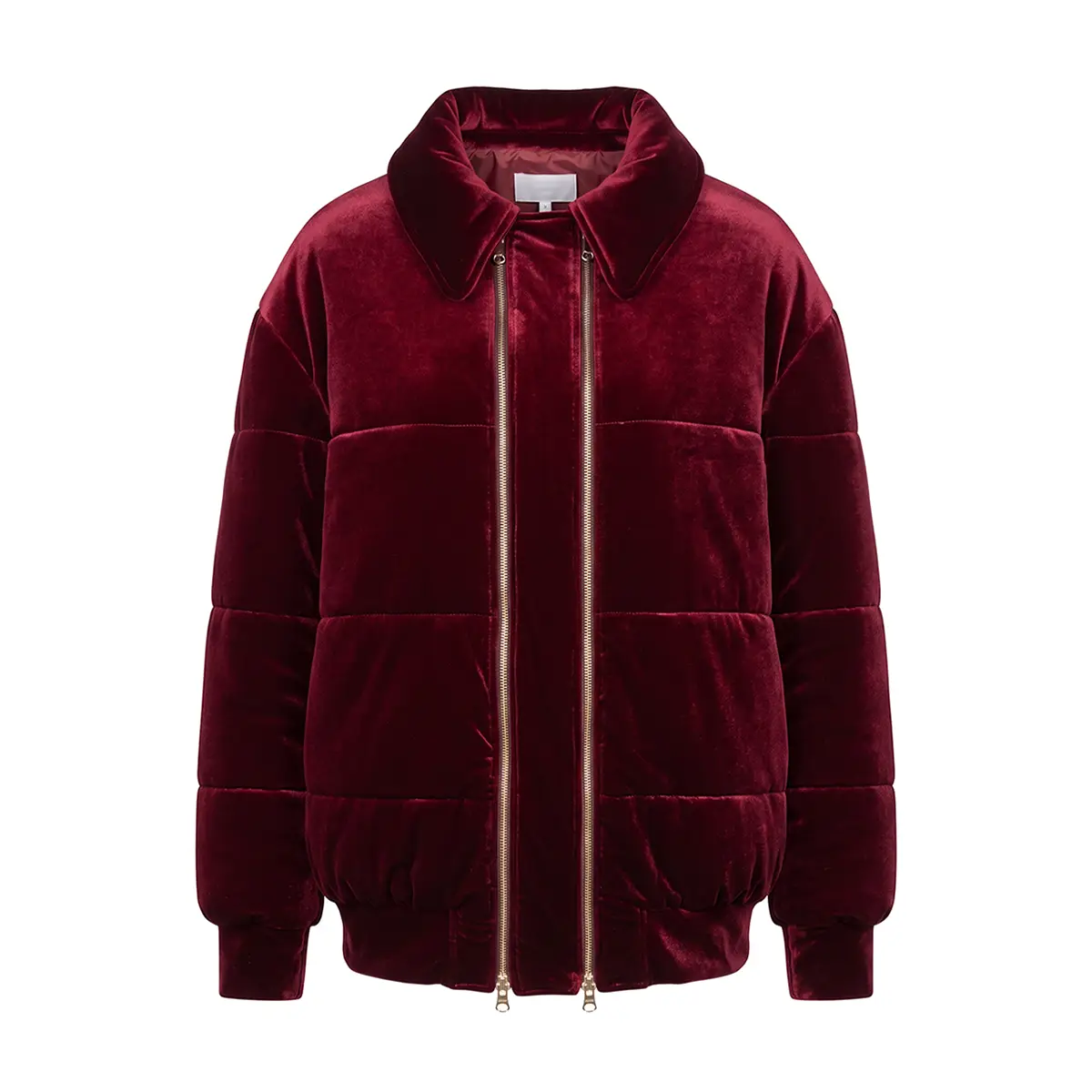 BOMBER, piumino in ciniglia bordeaux con zip frontale e polsini.