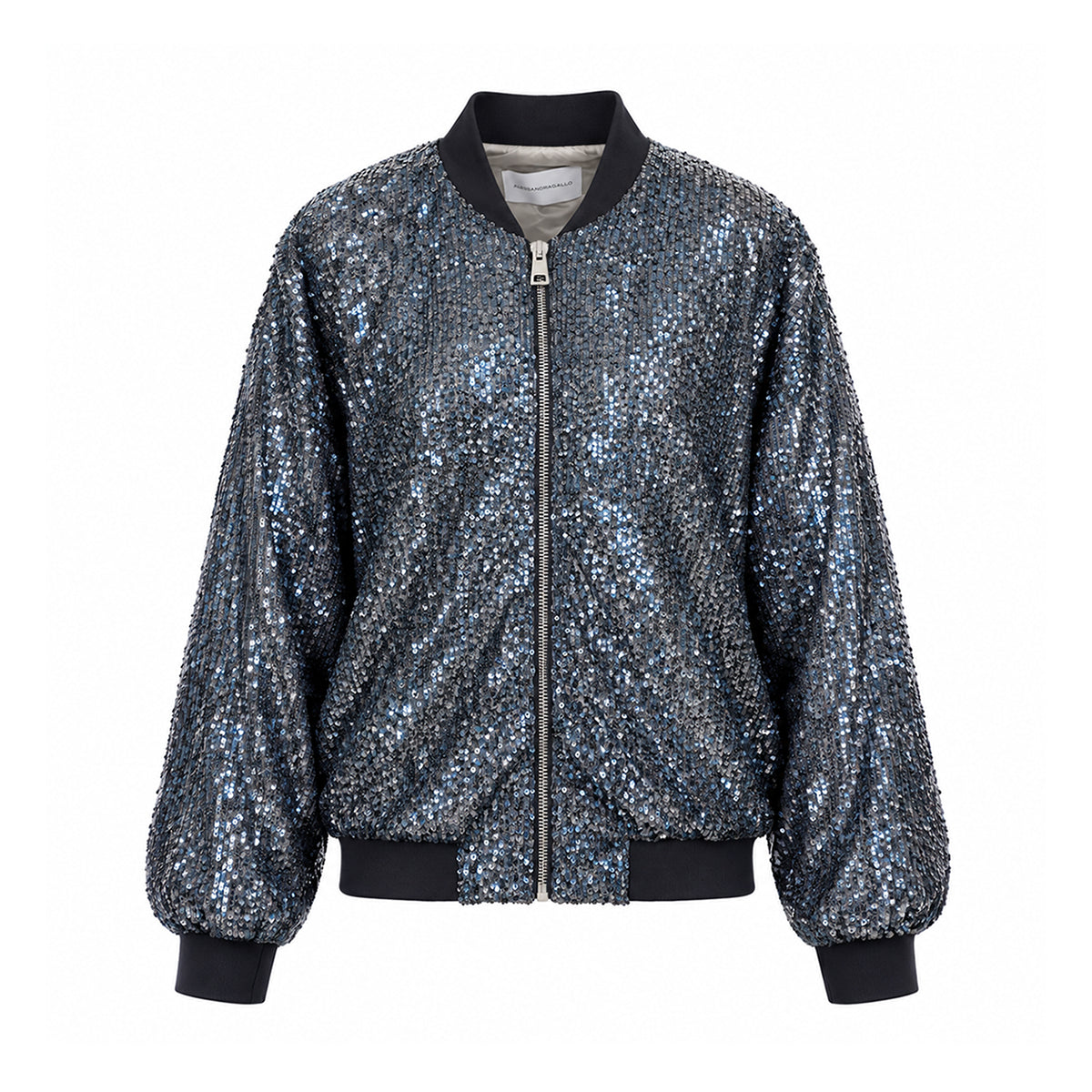 BOMBER, piumino in paillettes azzurre con zip frontale e polsini.