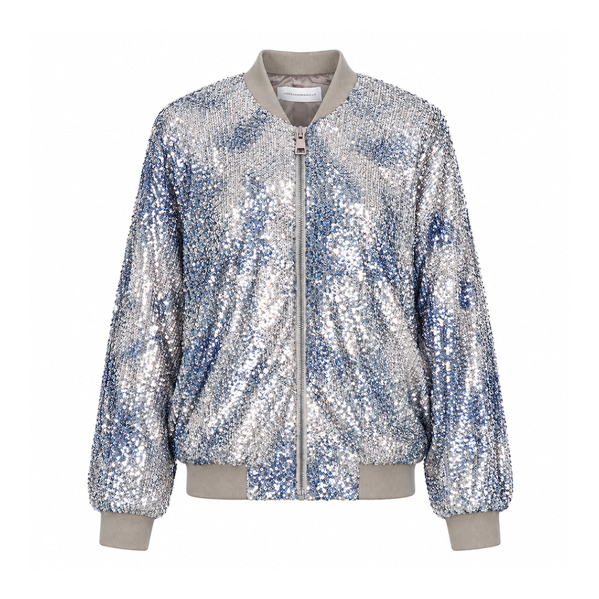 BOMBER, piumino in paillettes mélange con zip frontale e polsini.