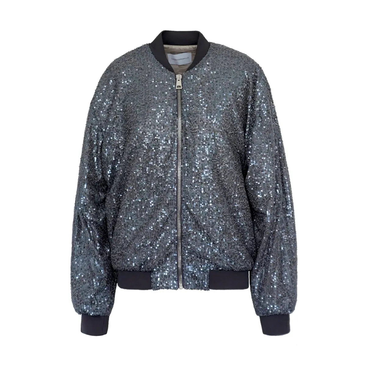 Bomber piumino oversize paillettes azzurro con zip come chiusura - vista frontale - The Light Collection