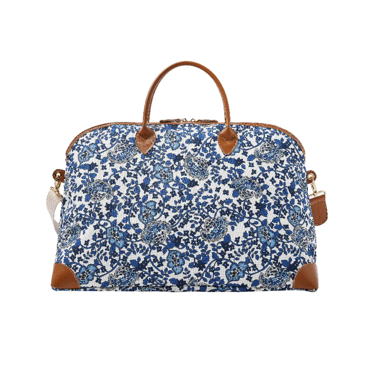 Borsone London ALESSANDRAGALLO x My Style Bags in fantasia blu e bianca, vista frontale.