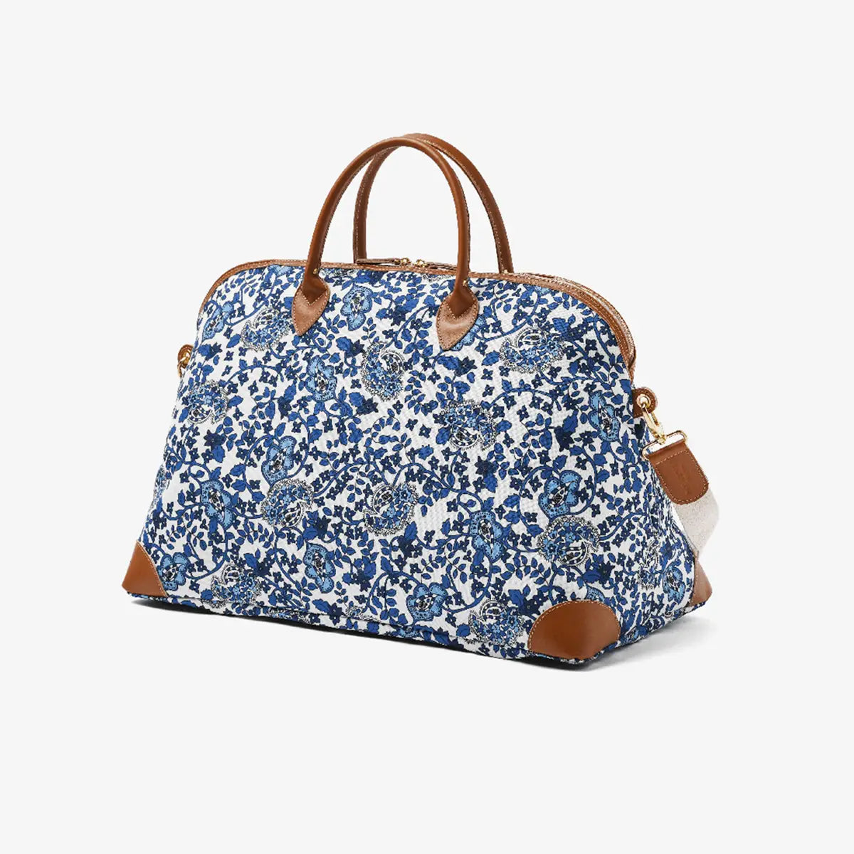 Borsone London ALESSANDRAGALLO x My Style Bags in fantasia blu e bianca, vista di tre quarti.