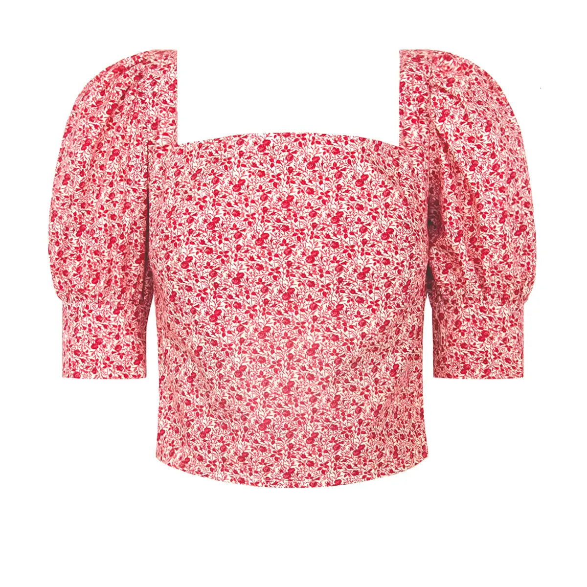 Top CAMELIA di Alessandra Gallo con scollo quadrato, maniche 3/4 a sbuffo in cotone fantasia Mirabell - Made in Italy - Printemps Collection - vista frontale
