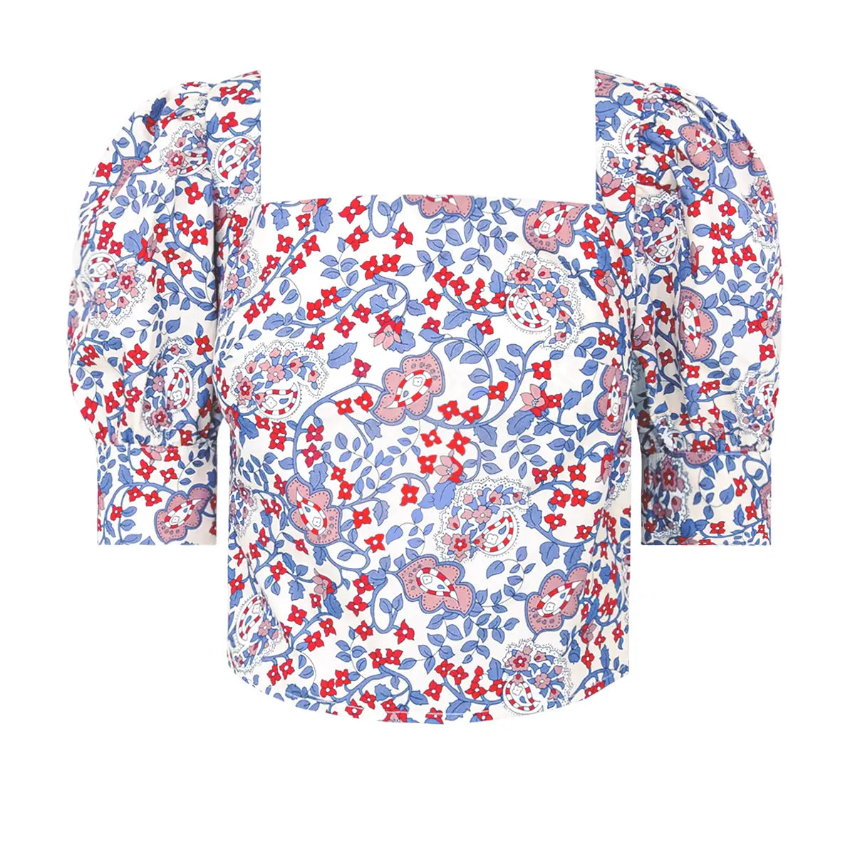 top CAMELIA di Alessandra Gallo con scollo quadrato, maniche a 3/4 a sbuffo in cotone fantasia White Obsession- The Obsession Collection- Made in Italy - vista frontale
