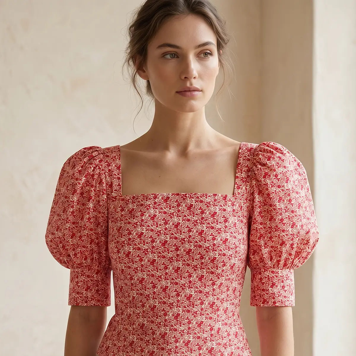 Top CAMELIA di Alessandra Gallo con scollo quadrato, maniche 3/4 a sbuffo in cotone fantasia Mirabell - Made in Italy - Printemps Collection - indossato frontale