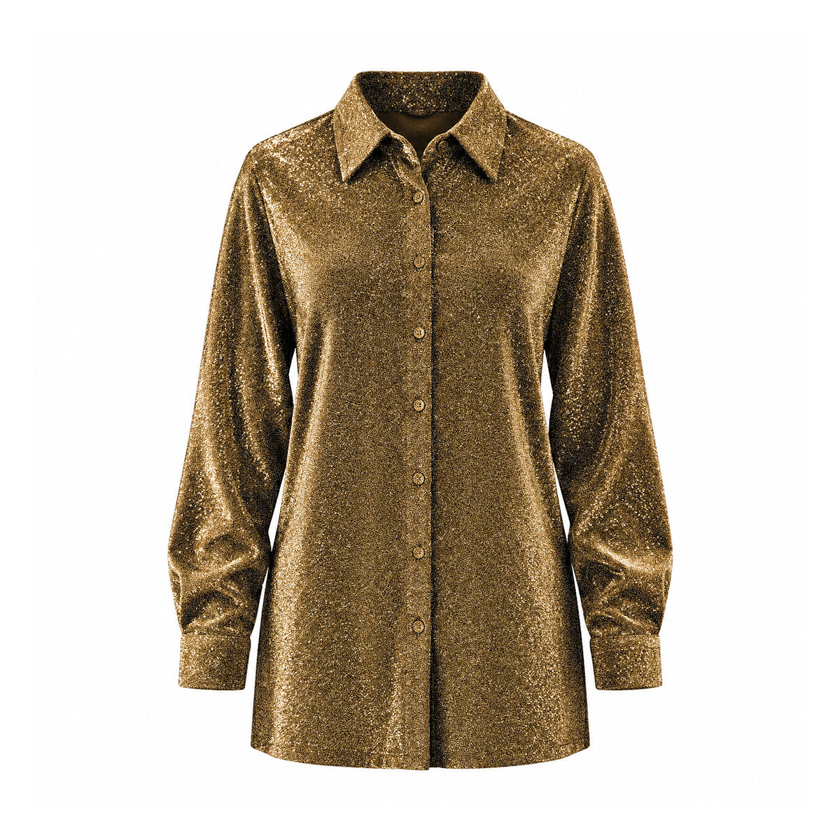 CELESTE, camicia in lurex oro con colletto e abbottonatura frontale.