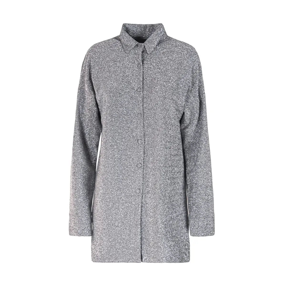 Camicia oversize donna in lurex argento CELESTE con bottoni e maniche lunghe – Alessandra Gallo