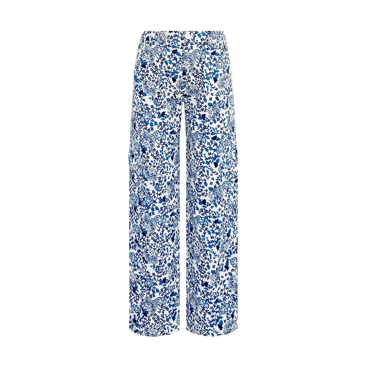 CARGO, pantaloni in cotone fantasia Blue Obsession con tasche applicate sulle gambe.