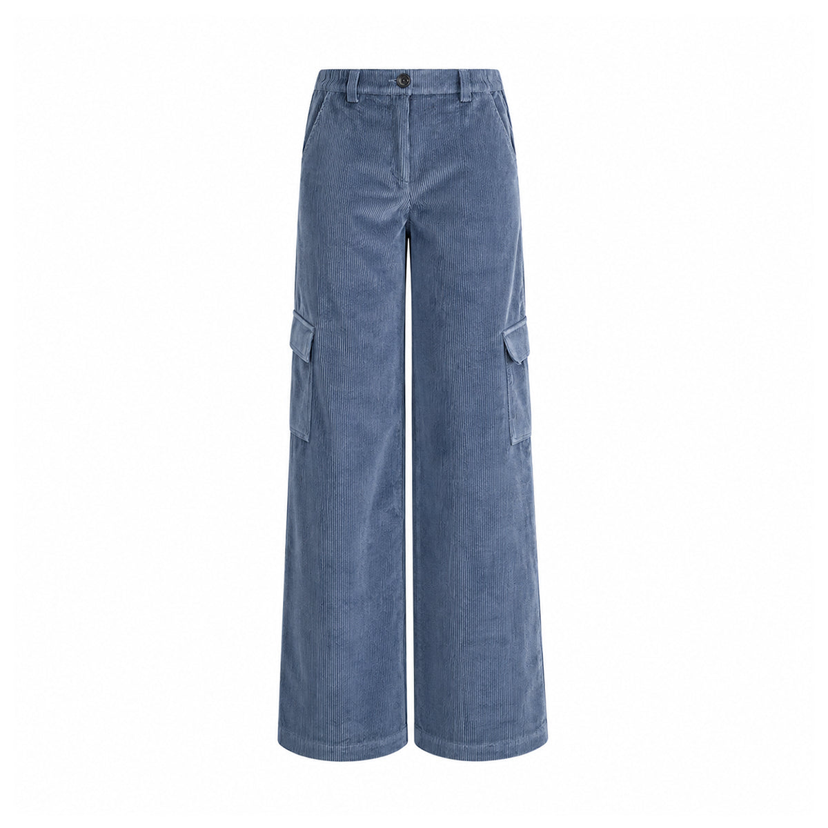 CARLA, pantaloni cargo in velluto a coste azzurro con tasche applicate sulle gambe.