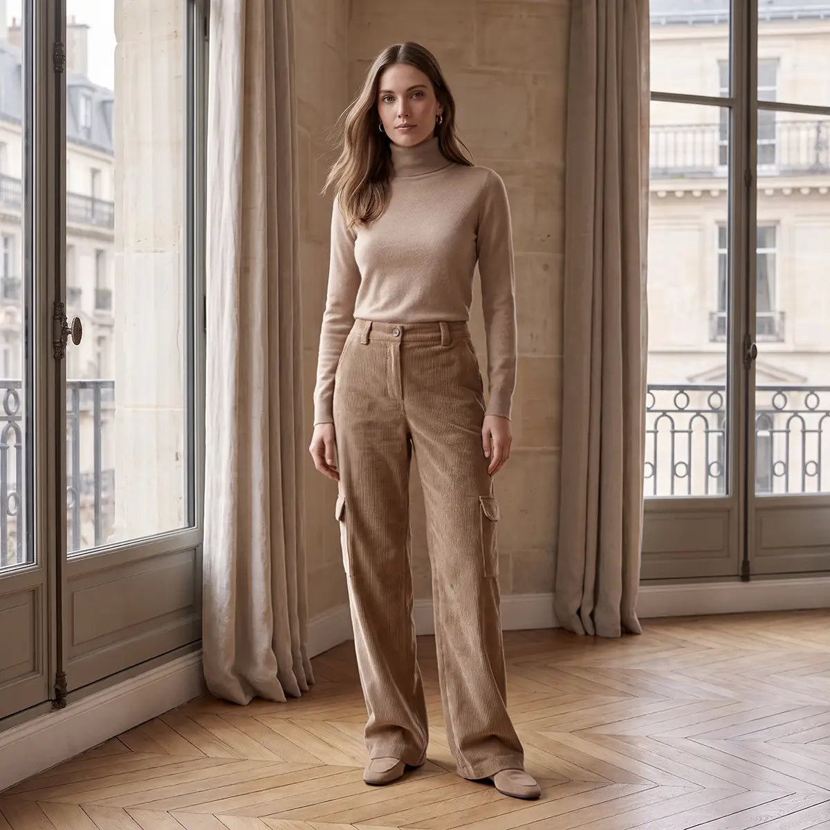 CARLA, pantaloni cargo in velluto a coste beige con tasche applicate sulle gambe, su modella.