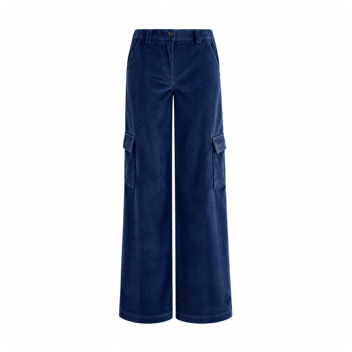 CARLA, pantaloni cargo in velluto a coste blu con tasche applicate sulle gambe.