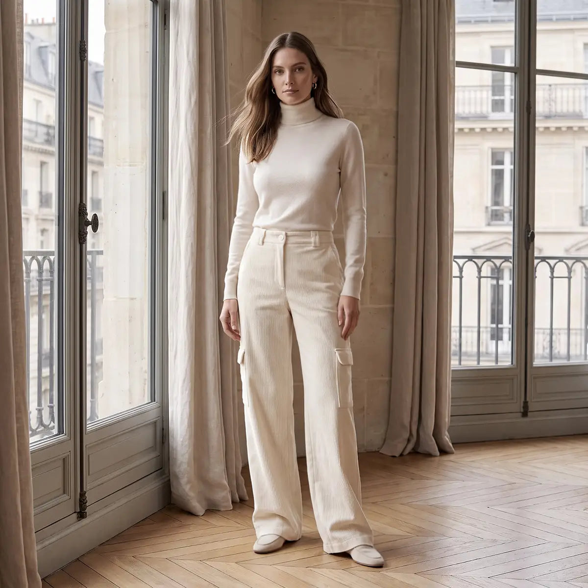 CARLA, pantaloni cargo in velluto a coste crema con tasche applicate sulle gambe, su modella.