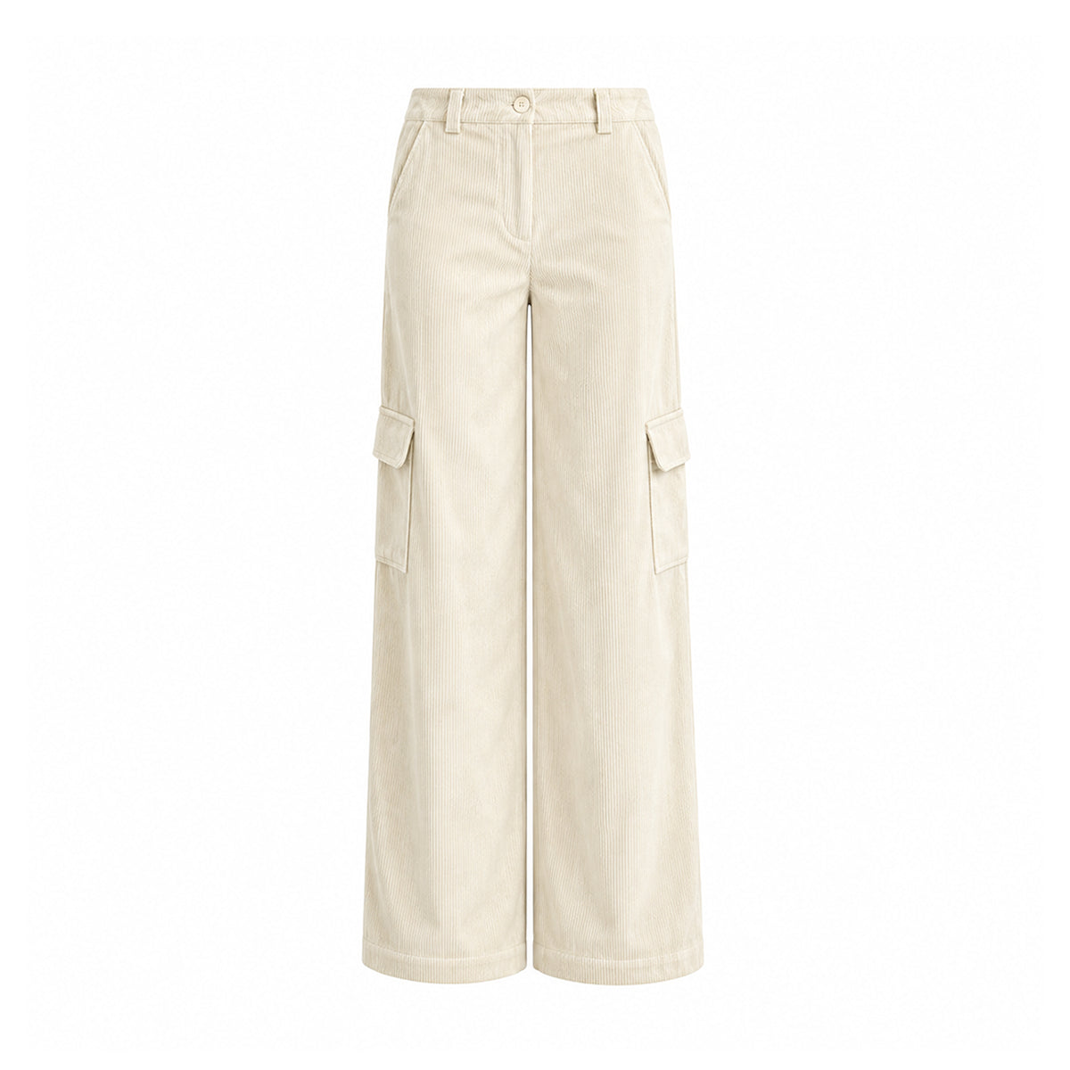 CARLA, pantaloni cargo in velluto a coste crema con tasche applicate sulle gambe.
