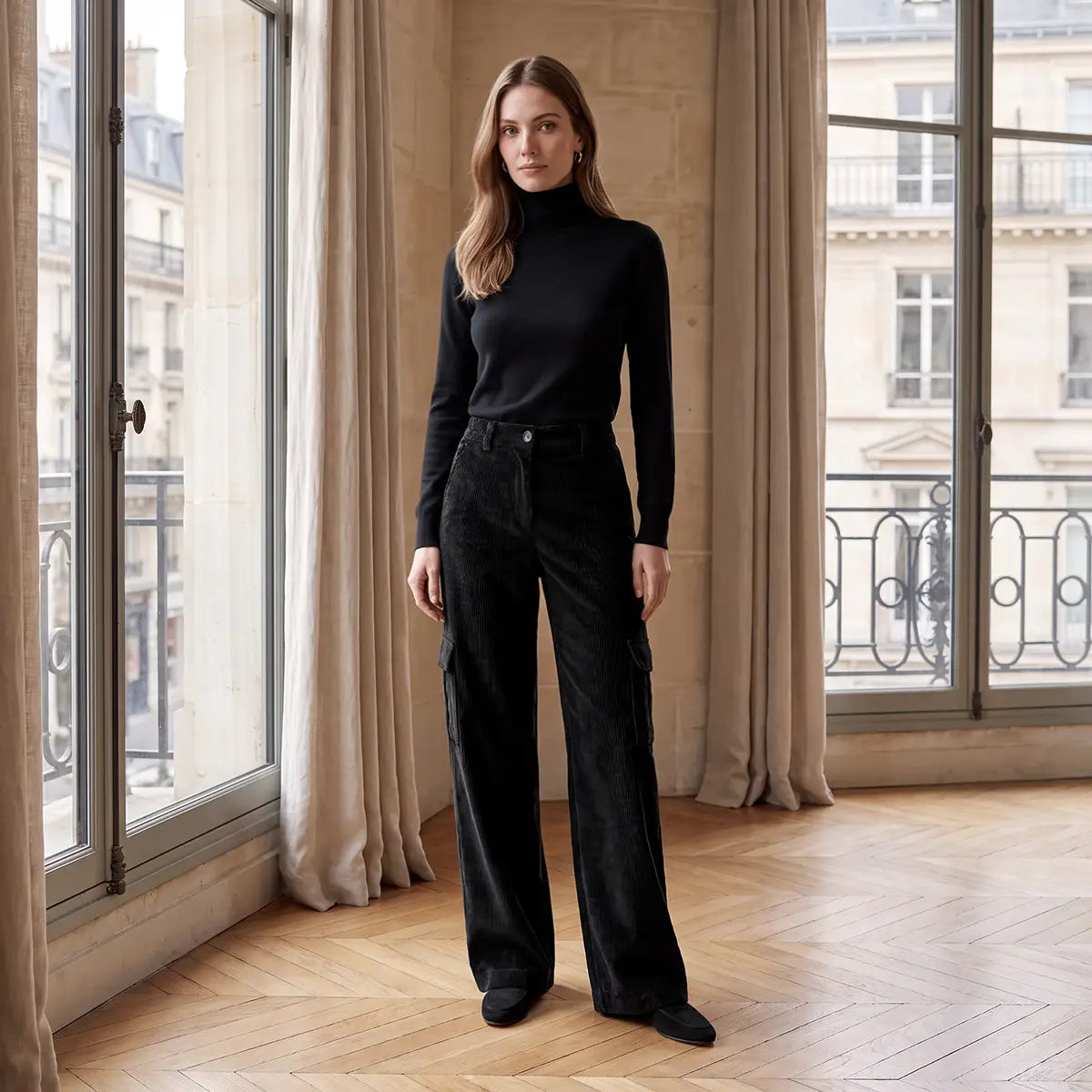 CARLA, pantaloni cargo in velluto a coste nero con tasche applicate sulle gambe, su modella.