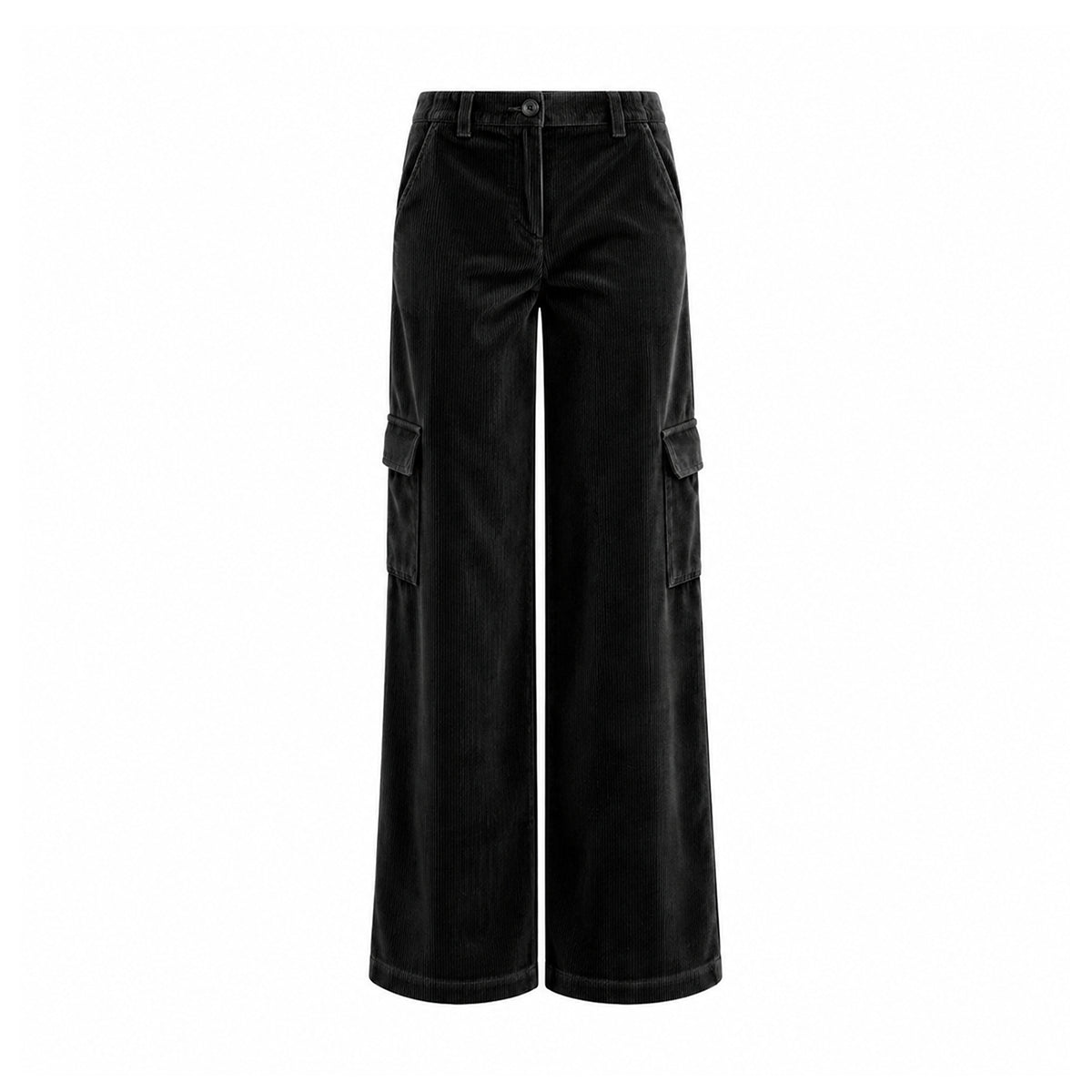 CARLA, pantaloni cargo in velluto a coste nero con tasche applicate sulle gambe.