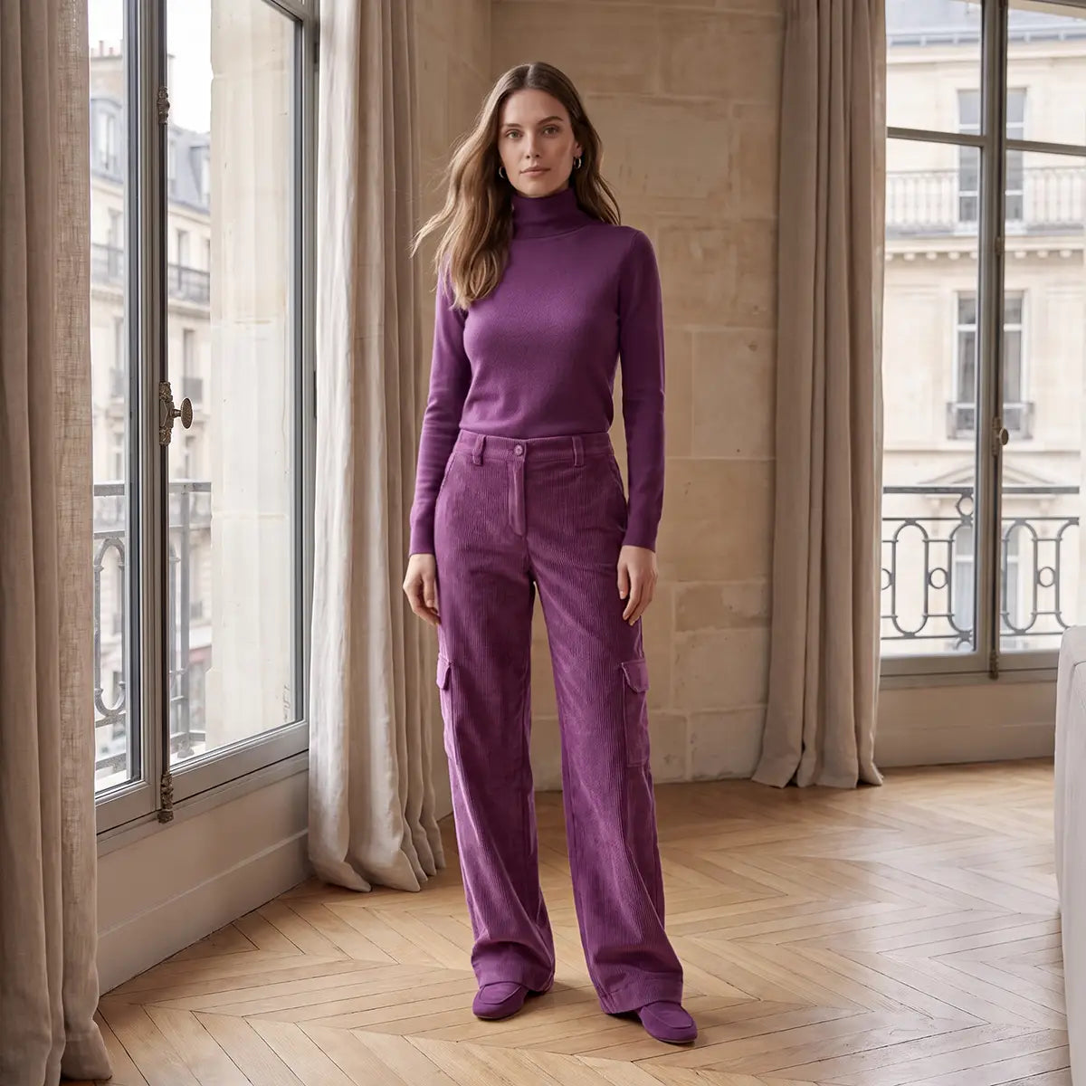 CARLA, pantaloni cargo in velluto a coste rosa con tasche applicate sulle gambe, su modella.