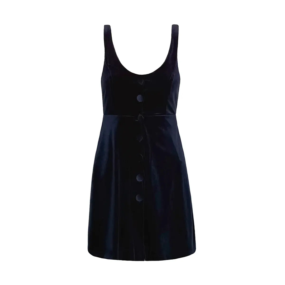 Abito corto CARLOTTA di Alessandra Gallo i ciniglia blu con linea svasata, bottoni vintage, scollo ampio, senza maniche - vista frontale - Day&Night collection