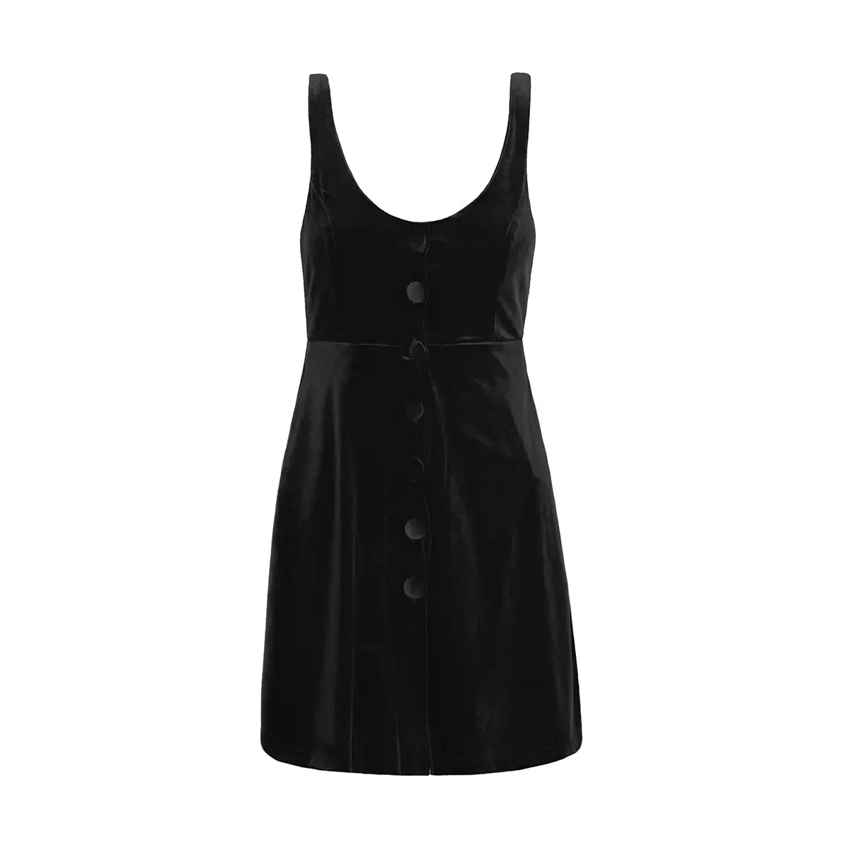 Abito corto CARLOTTA di Alessandra Gallo in ciniglia nera con linea svasata, bottoni vintage, scollo ampio, senza maniche - vista frontale - Day&Night Colelction