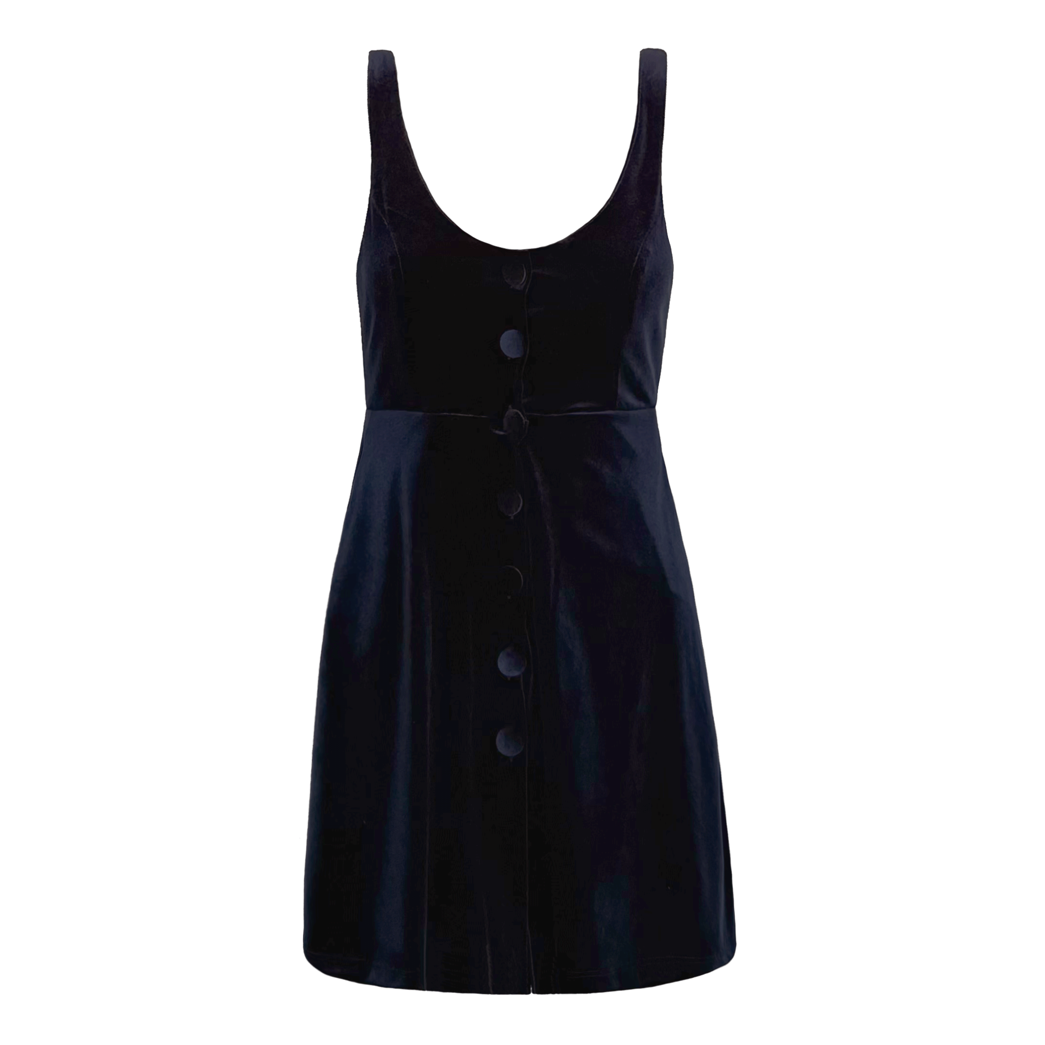 Abito corto CARLOTTA di Alessandra Gallo i ciniglia blu con linea svasata, bottoni vintage, scollo ampio, senza maniche - vista frontale - Day&Night collection