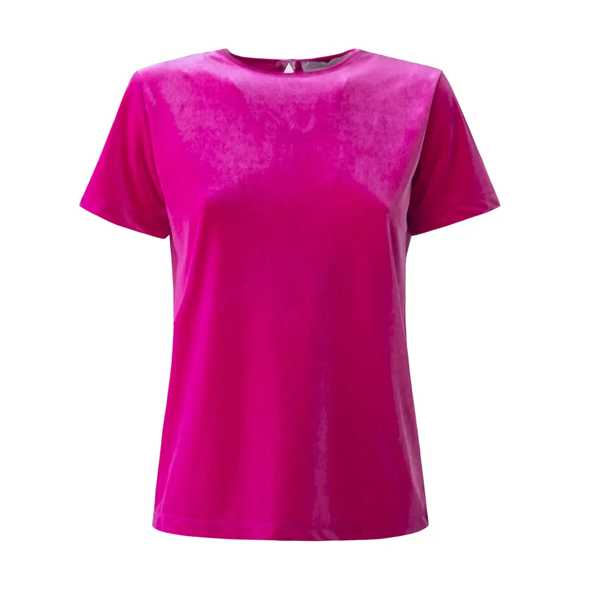 T-shirt CARMEN di Alessandra Gallo in ciniglia fucsia con girocollo e maniche corte - vista frontale - Day&Night collection