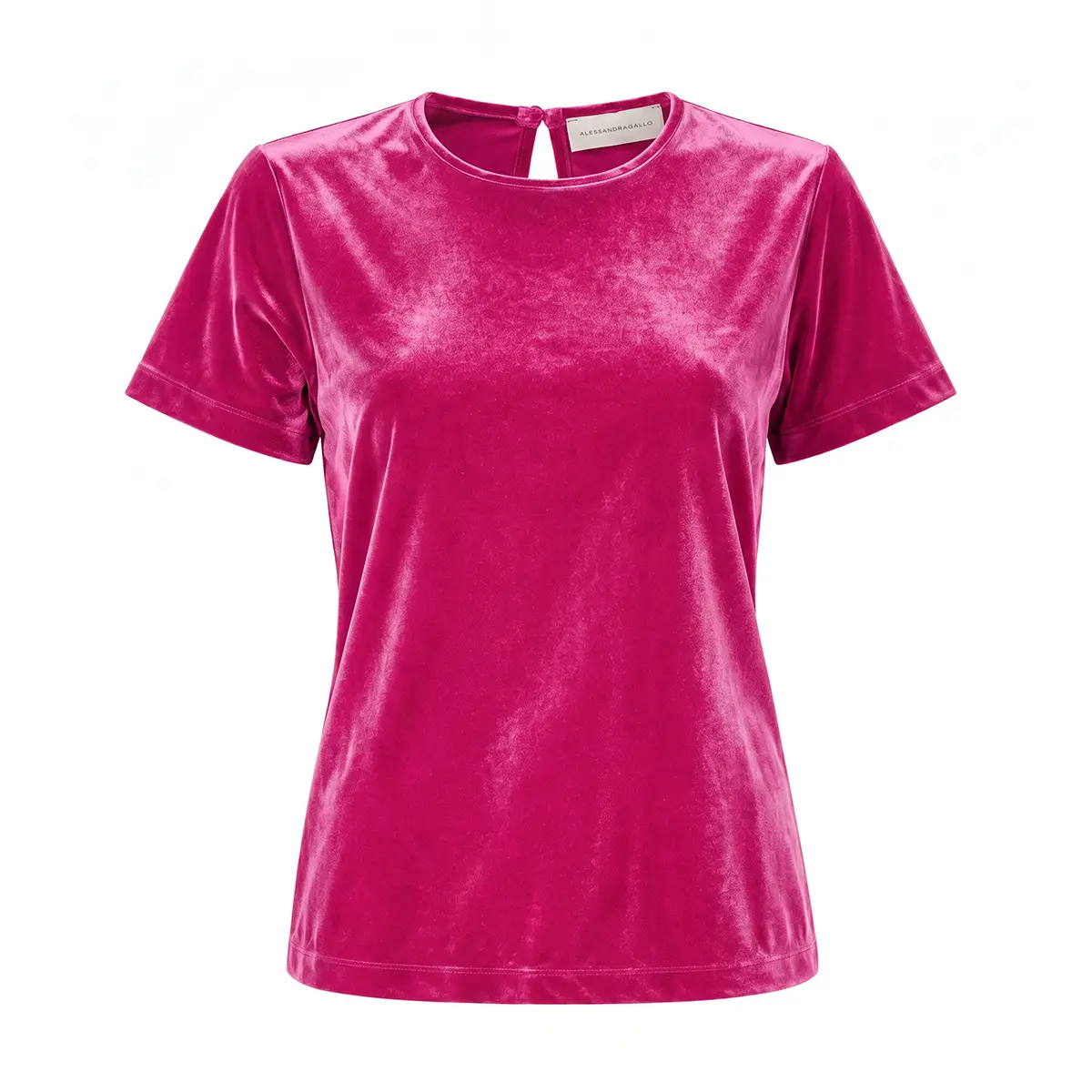 CARMEN, t-shirt in ciniglia fucsia con girocollo e maniche corte.