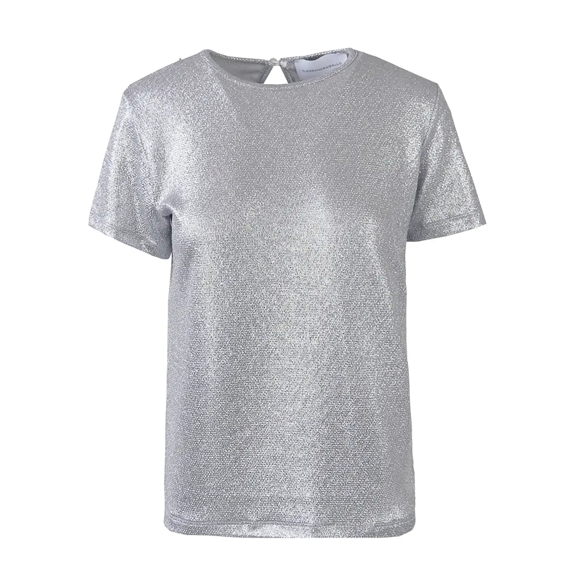CARMEN, t-shirt in lurex argento metallizzato con girocollo e maniche corte.