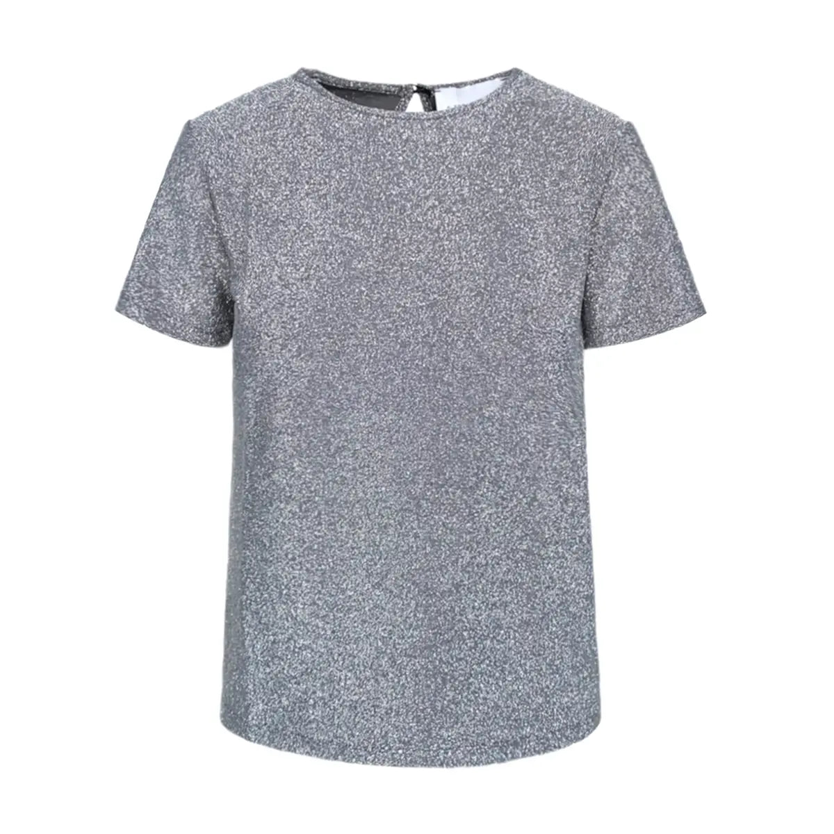 CARMEN, t-shirt in lurex argento con girocollo e maniche corte.