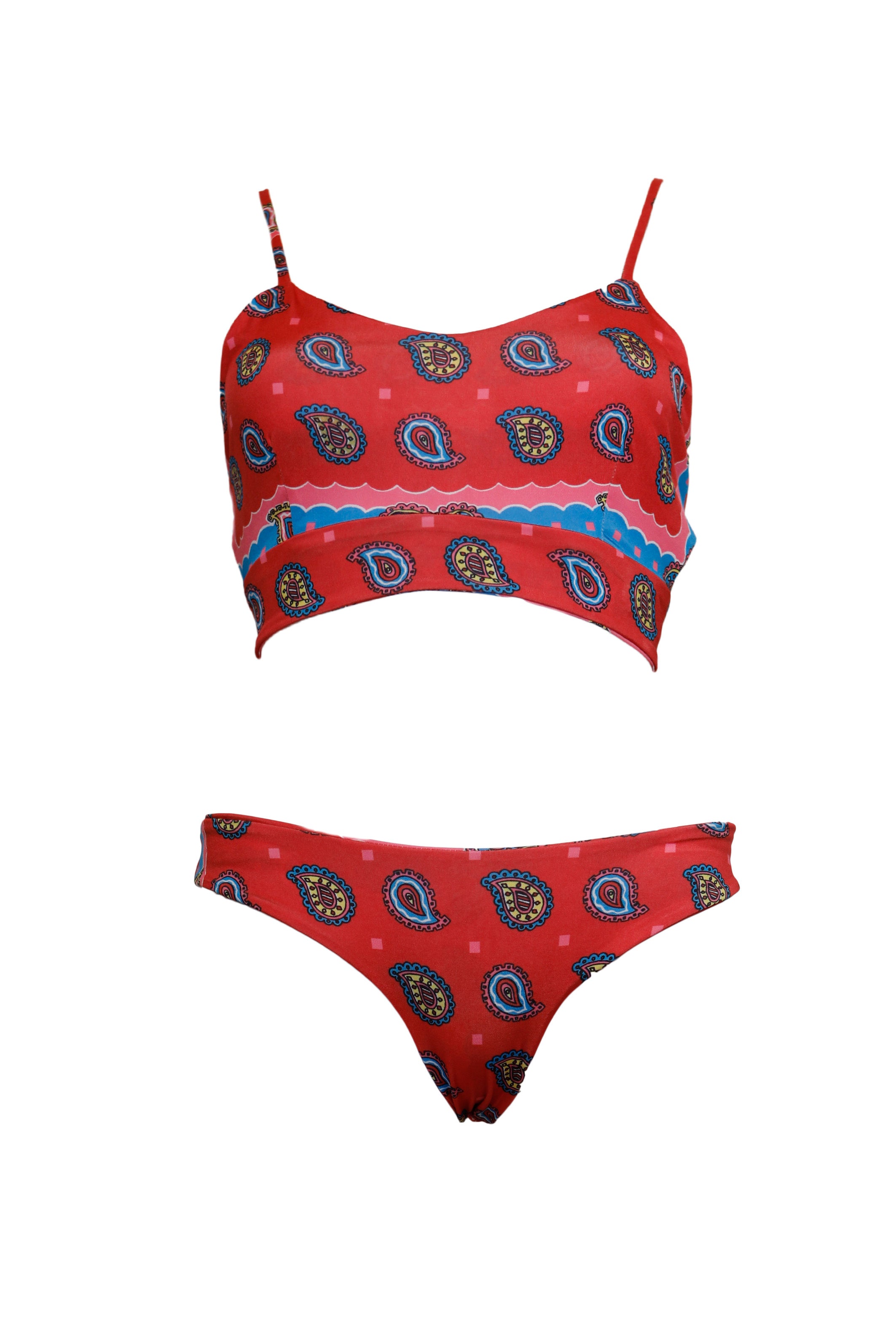 CECILIA - two-piece swimsuit in red Ibiza bandana print lycra