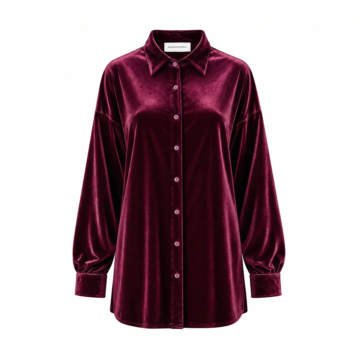 CELESTE, camicia in ciniglia bordeaux con colletto e abbottonatura frontale.