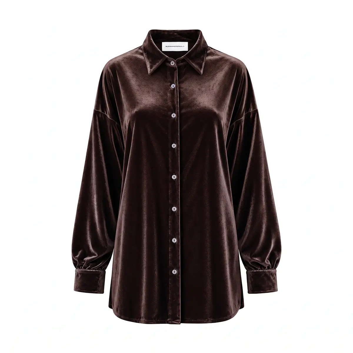 CELESTE, camicia in ciniglia marrone con colletto e abbottonatura frontale.