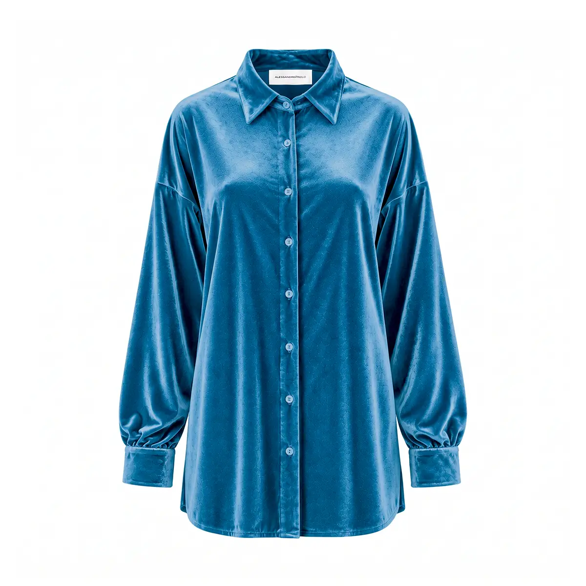 CELESTE, camicia in ciniglia ottanio con colletto e abbottonatura frontale.