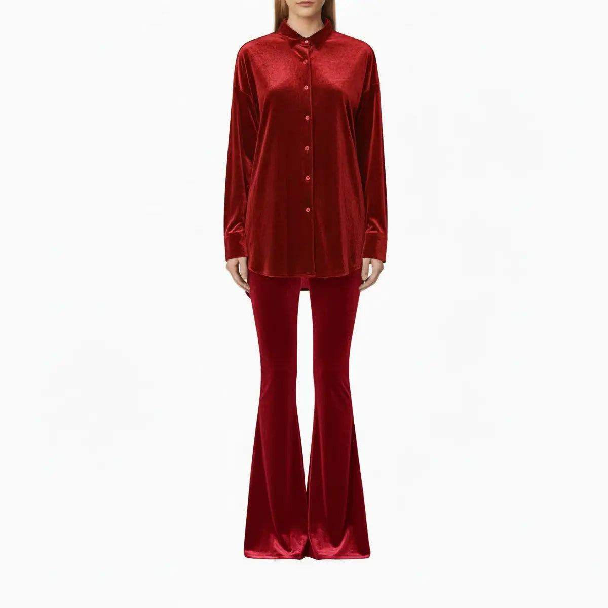 Camicia CELESTE di Alessandra Gallo in ciniglia rosso con colletto italiano - indossato frontale - Day&Night Collection