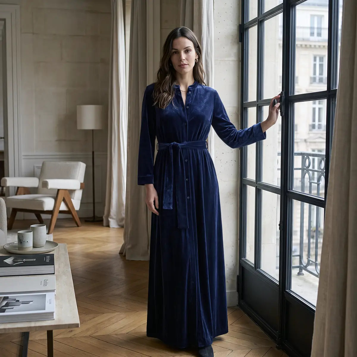 CLELIA, abito lungo in ciniglia blu con cintura, bottoni sul davanti e gonna ampia, su modella.