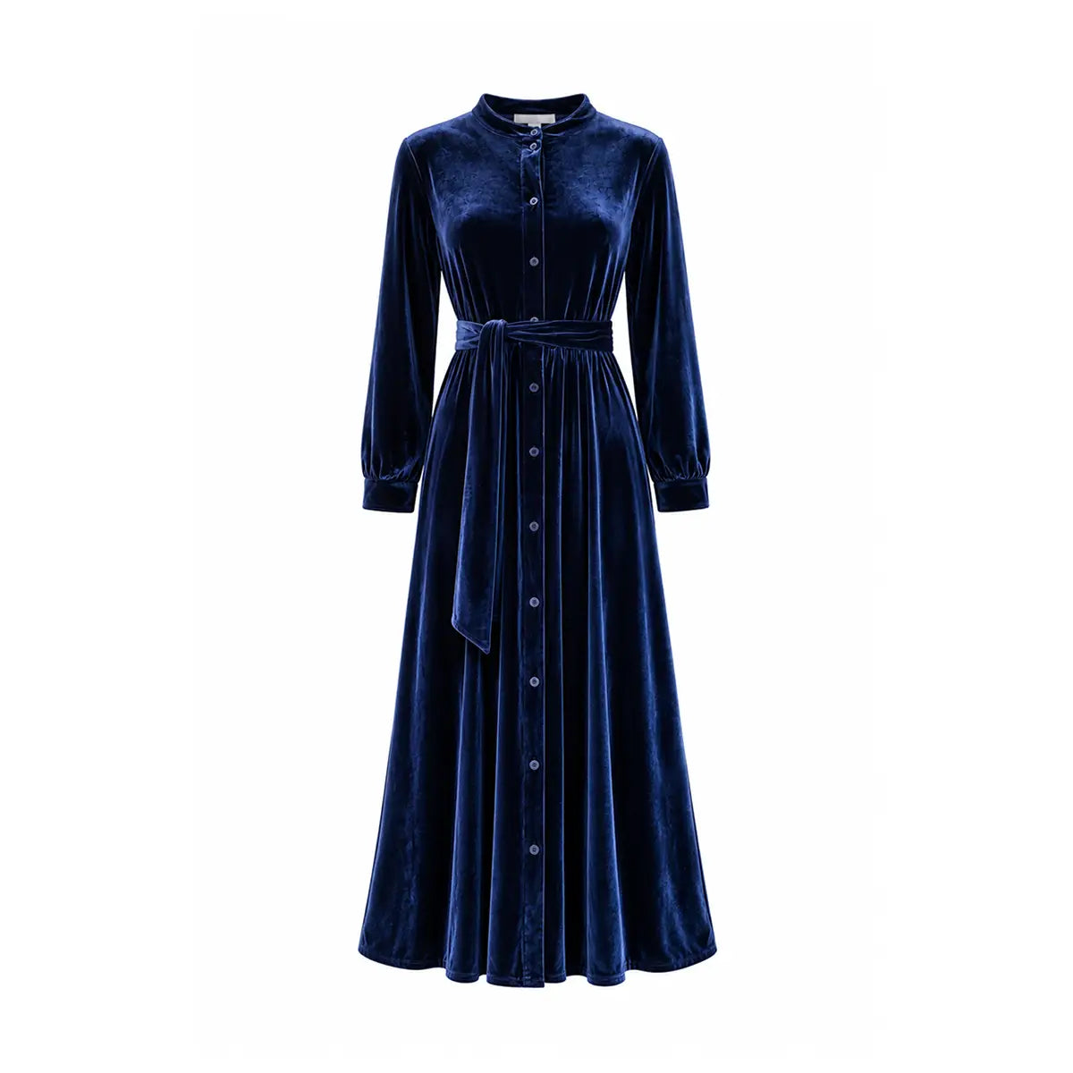 CLELIA, abito lungo in ciniglia blu con cintura, bottoni sul davanti e gonna ampia.