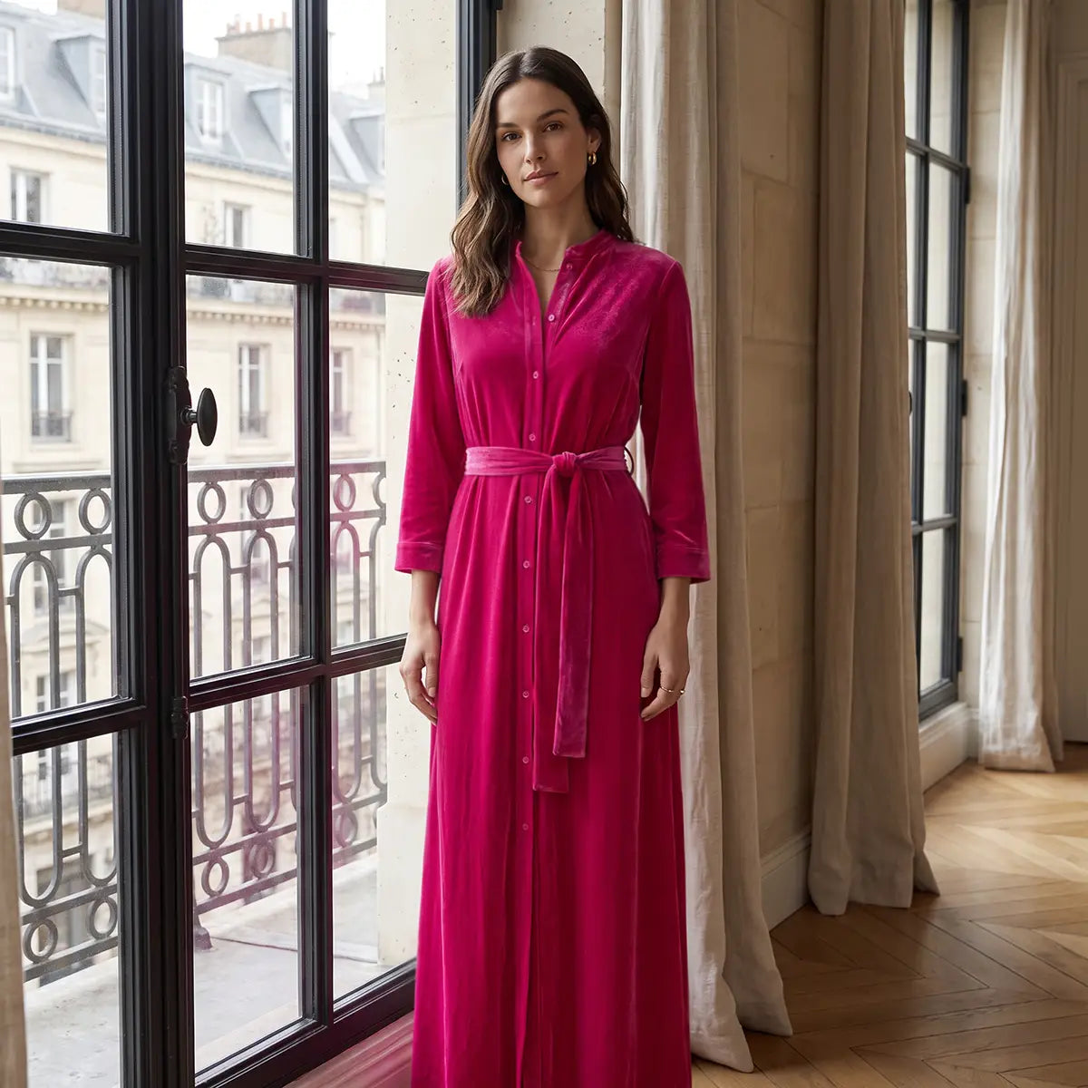 CLELIA, abito lungo in ciniglia fucsia con cintura, bottoni sul davanti e gonna ampia, su modella.