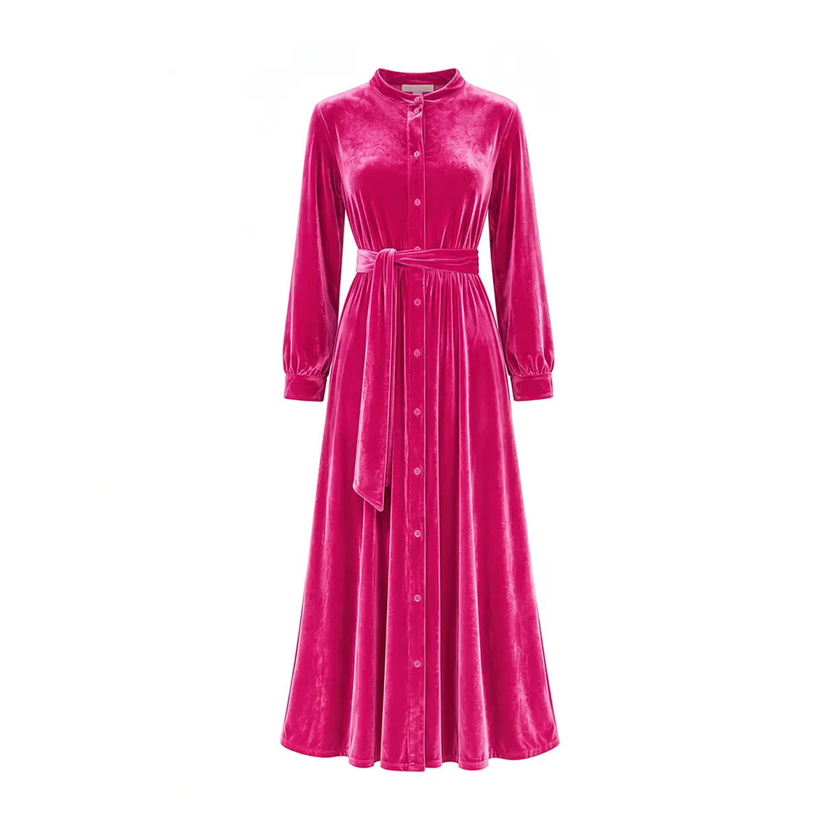 CLELIA, abito lungo in ciniglia fucsia con cintura, bottoni sul davanti e gonna ampia.