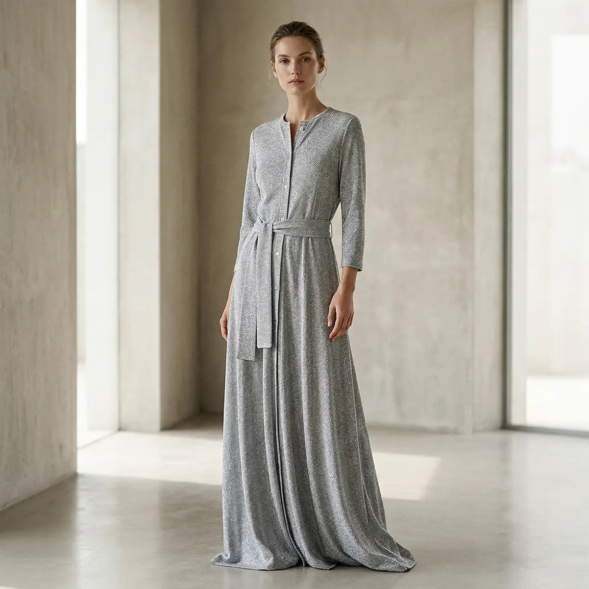 CLELIA, abito lungo in lurex argento con cintura, bottoni sul davanti e gonna ampia, su modella.