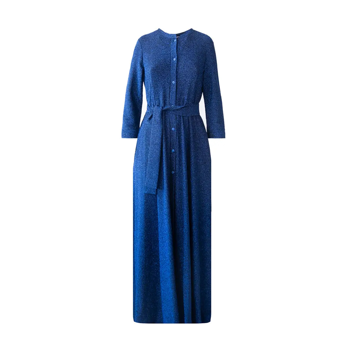 CLELIA, abito lungo in lurex blu con cintura, bottoni sul davanti e gonna ampia.