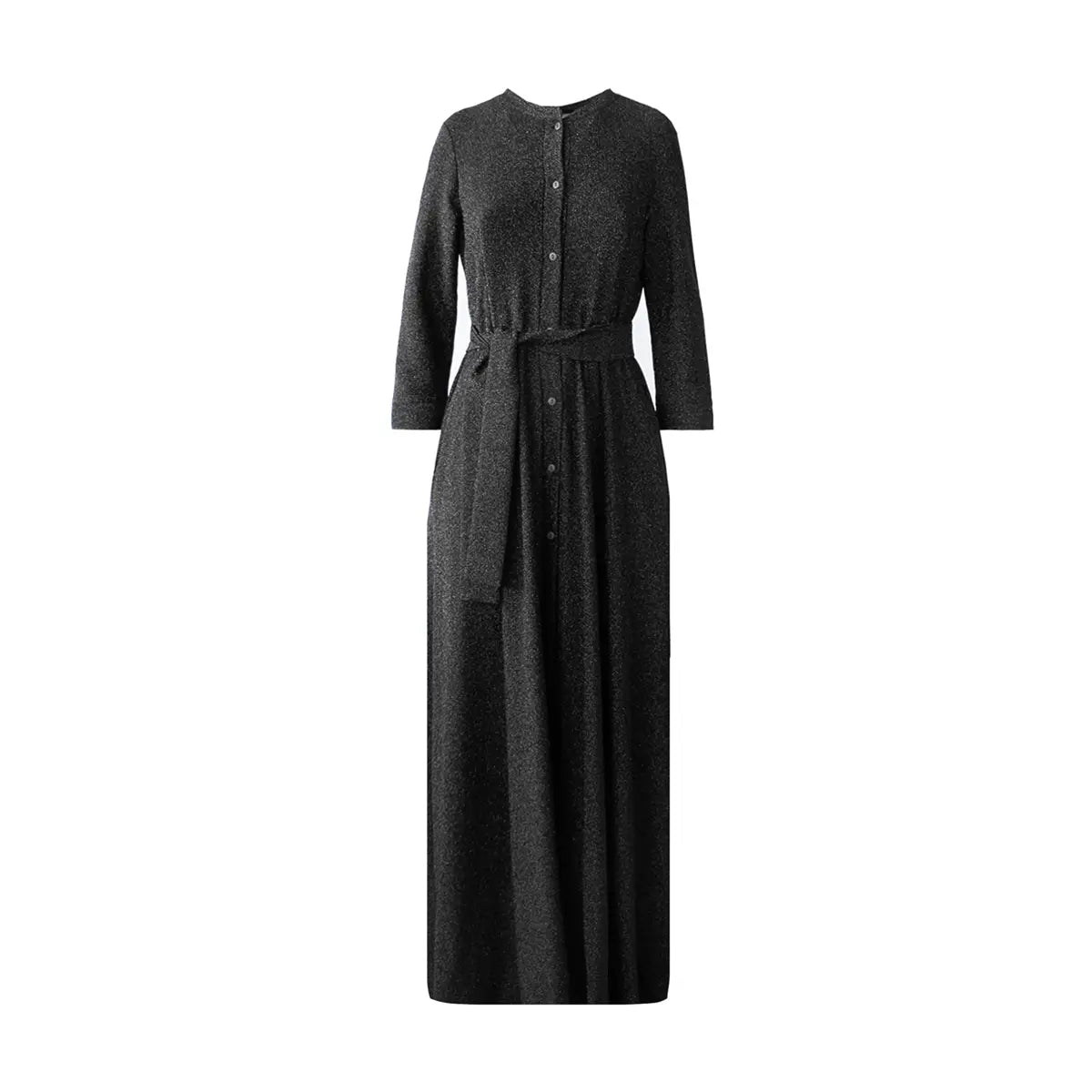 CLELIA, abito lungo in lurex nero con cintura, bottoni sul davanti e gonna ampia.