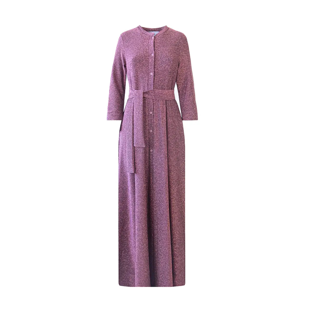 CLELIA, abito lungo in lurex rosa con cintura, bottoni sul davanti e gonna ampia.