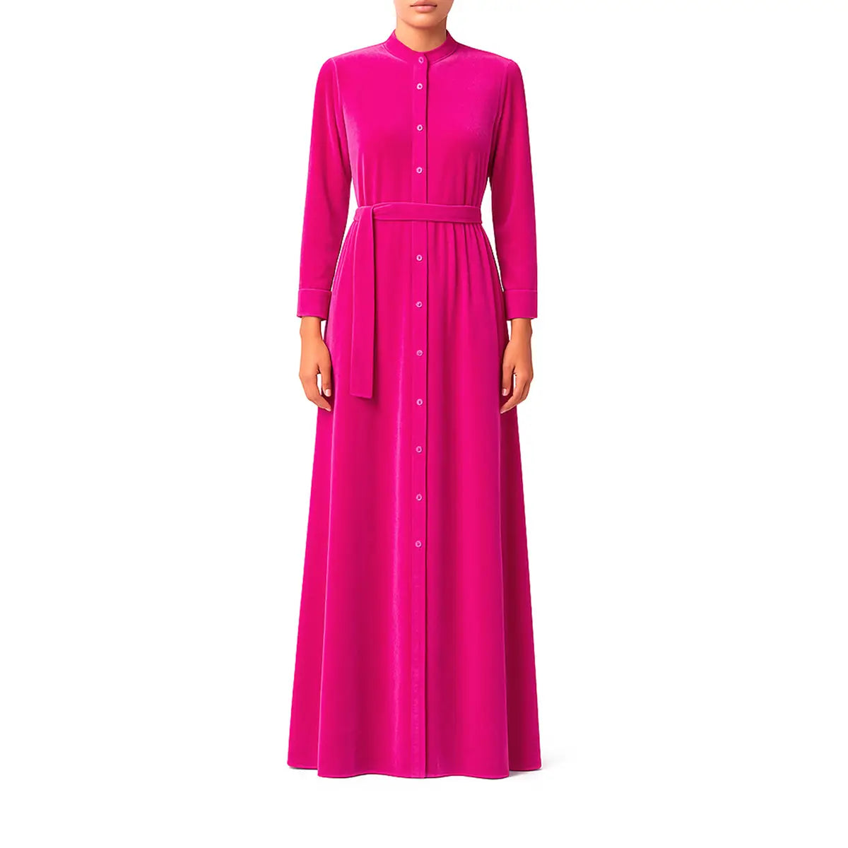 Abito lungo a chemisier CLELIA di Alessandra Gallo in ciniglia fucsia con bottoni, maniche lunghe, collo alla coreana e cintura in vita - indossato frontale - Day&Night Collection