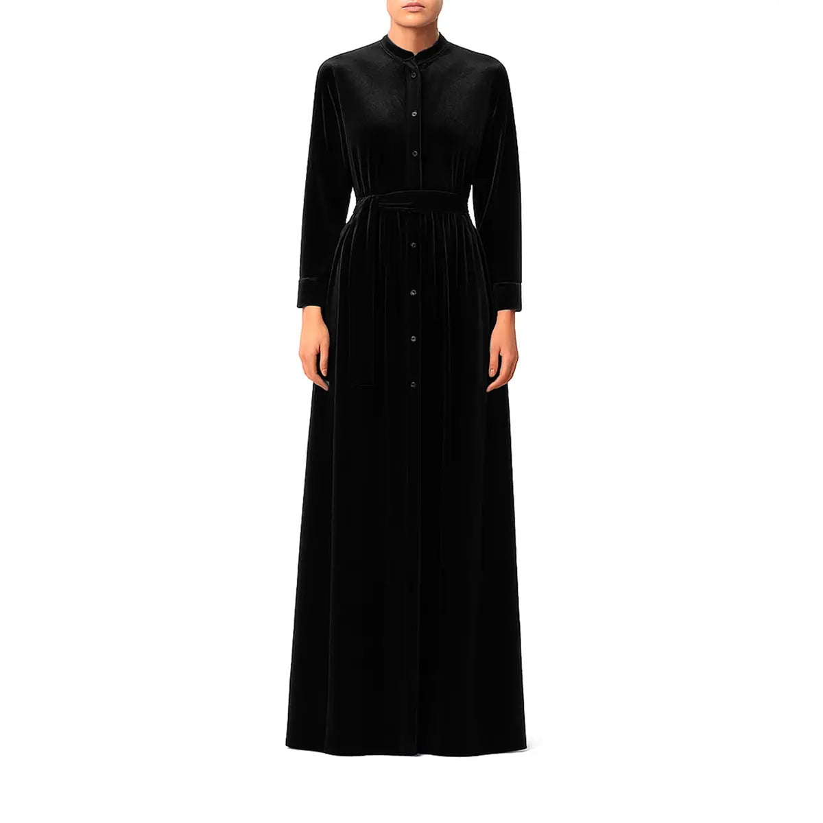 Abito lungo a chemisier CLELIA di Alessandra Gallo in ciniglia nero con bottoni, maniche lunghe, collo alla coreana e cintura in vita - indossato frontale - Day&Night Collection