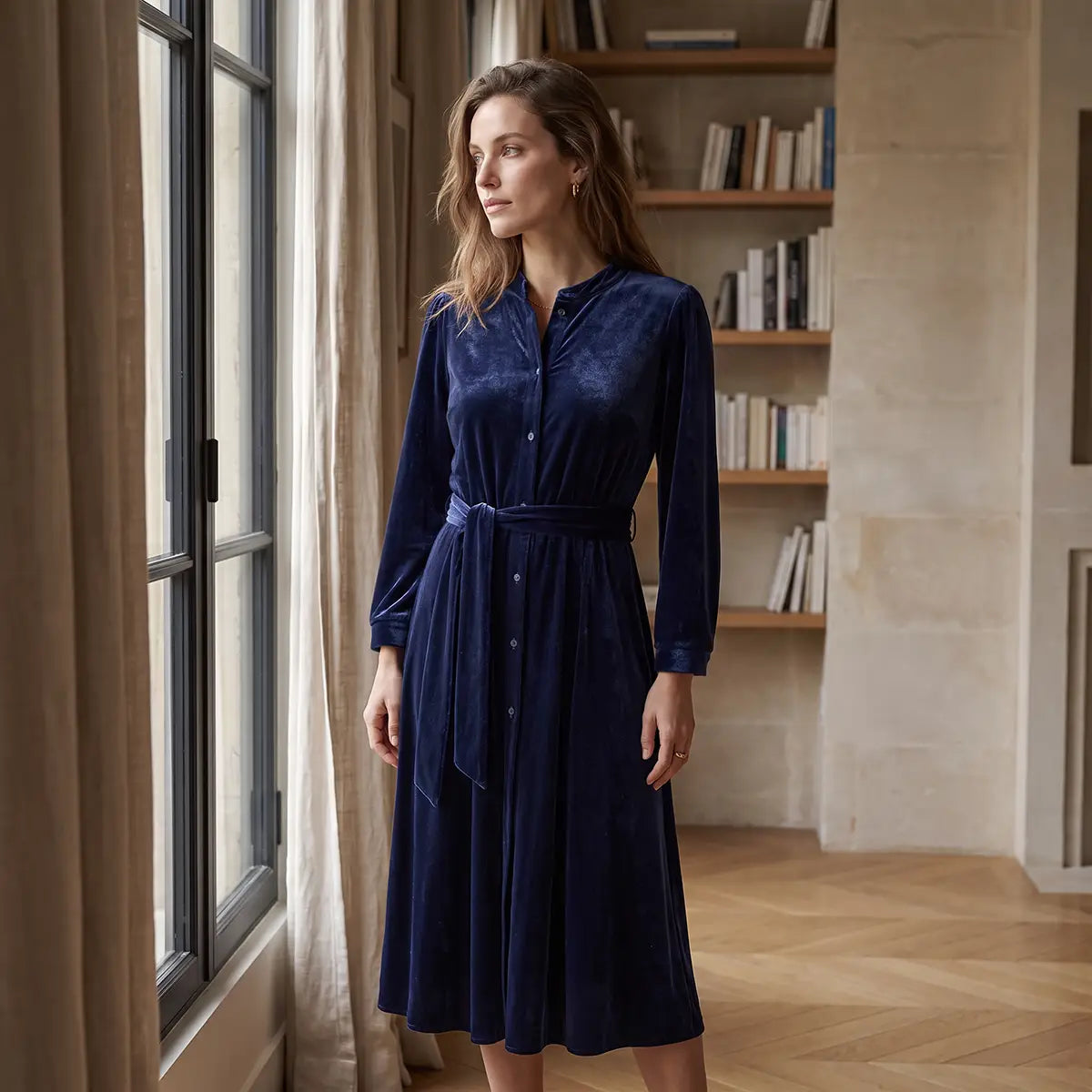 CLELIA MIDI, abito midi in ciniglia blu con cintura, bottoni sul davanti e gonna ampia, su modella.