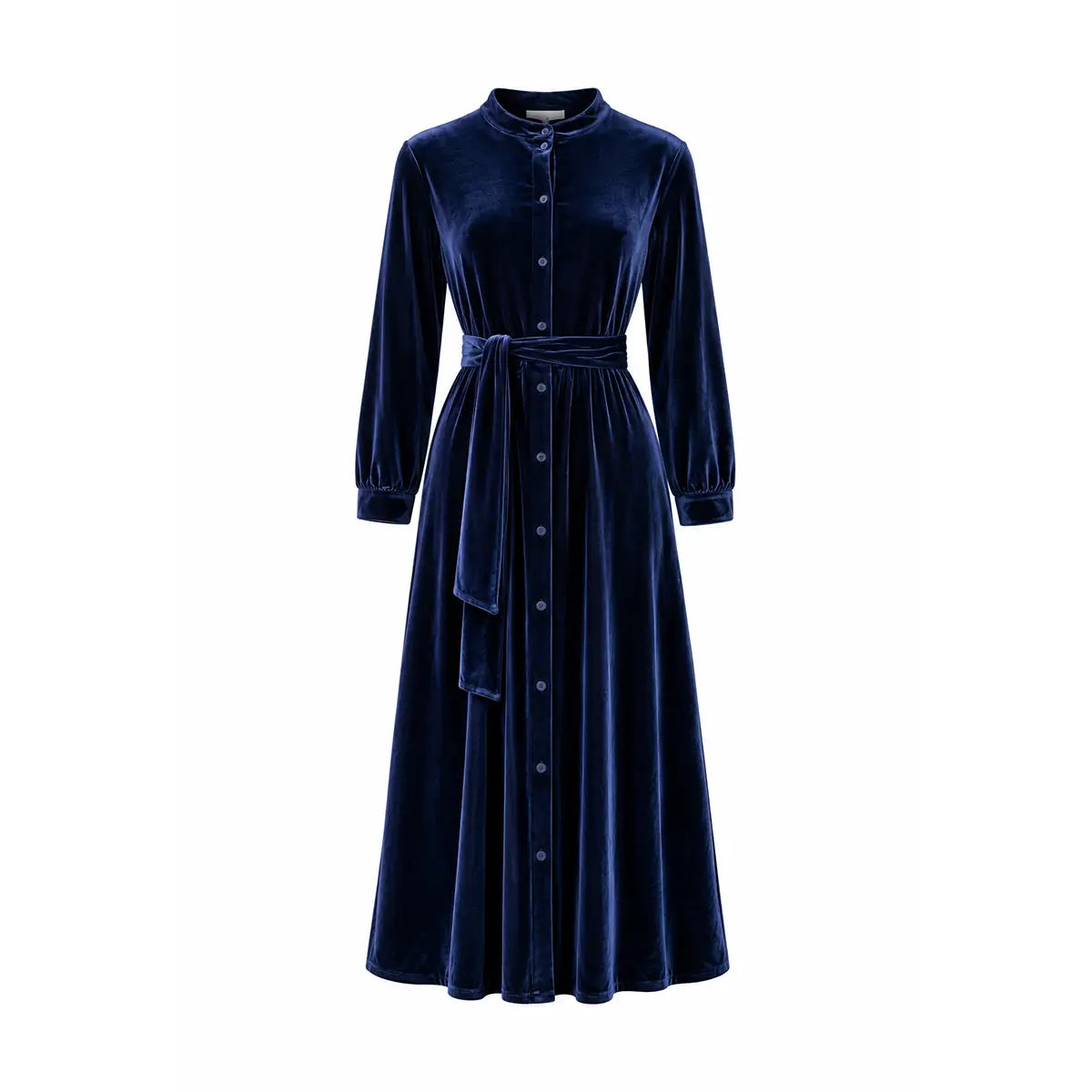 CLELIA MIDI, abito midi in ciniglia blu con cintura, bottoni sul davanti e gonna ampia.