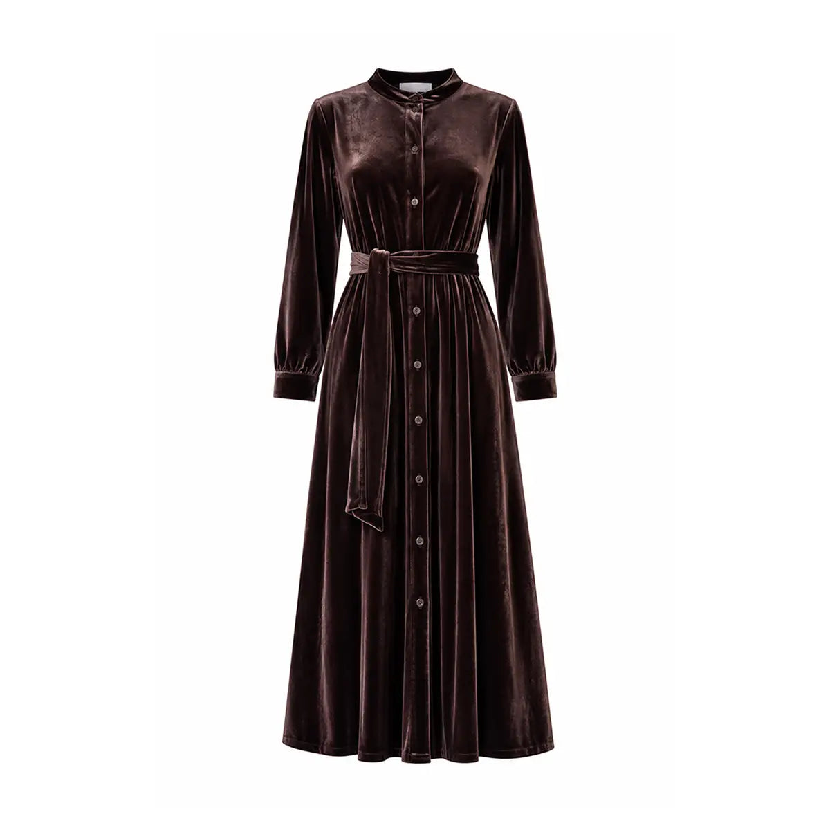 CLELIA MIDI, abito midi in ciniglia marrone con cintura, bottoni sul davanti e gonna ampia.